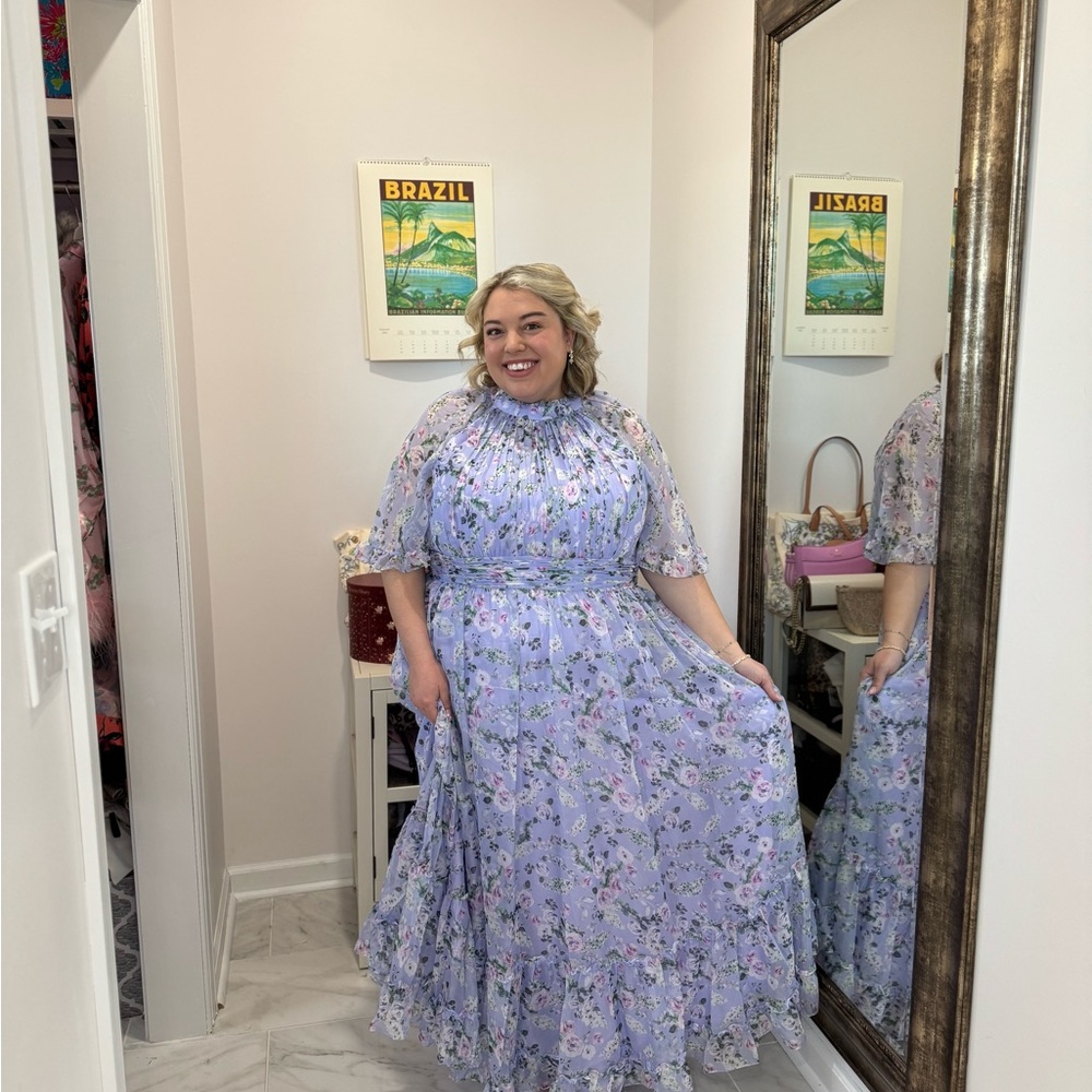 Purple Floral Print High Neck Raglan Sleeve Dress by Mac Duggal